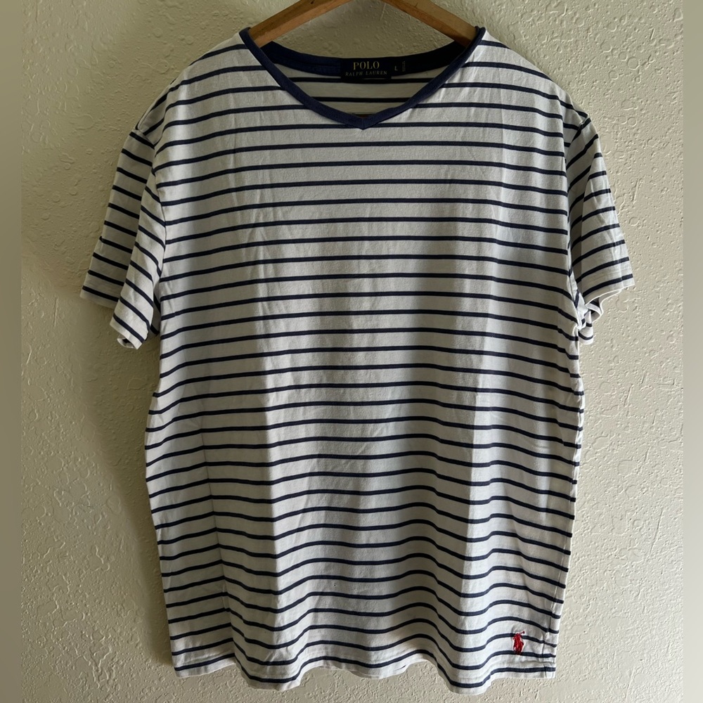 ❣️2/$25❣️ Blue and white striped POLO RALPH LAUREN v-neck T-shirt | LARGE